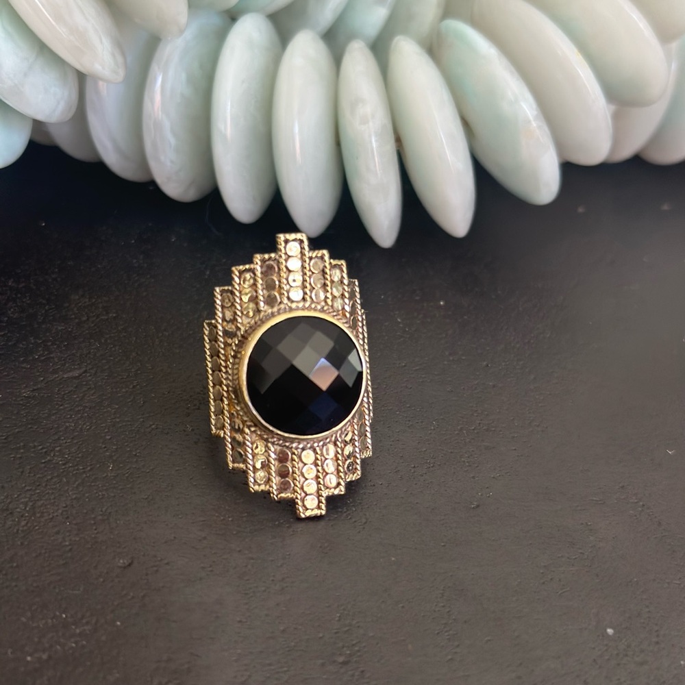 Anna Beck Gold Ring with Faceted Black Stone and Ornate Band - Picture 2 of 5
